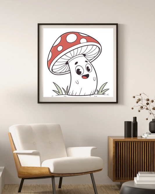 Cadre décoratif avec un champignon souriant style kawaii inspiré par la nature