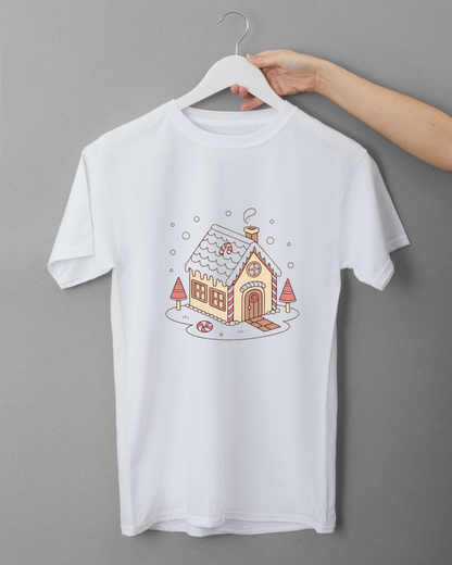 T-shirt décoré d'une maison de Noël enneigée dans un style doodle pour fête hivernale