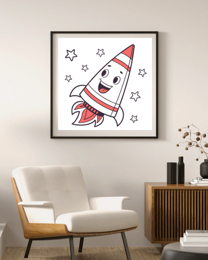 Illustration de fusée kawaii dans un cadre, déco fun pour chambre enfant