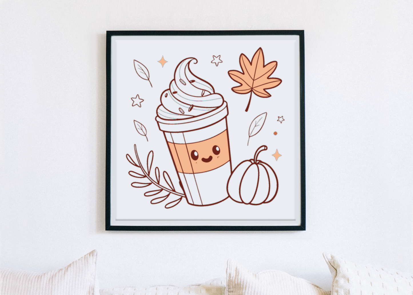 Cadre décoratif avec motif automnal et boisson latté au sourire doux