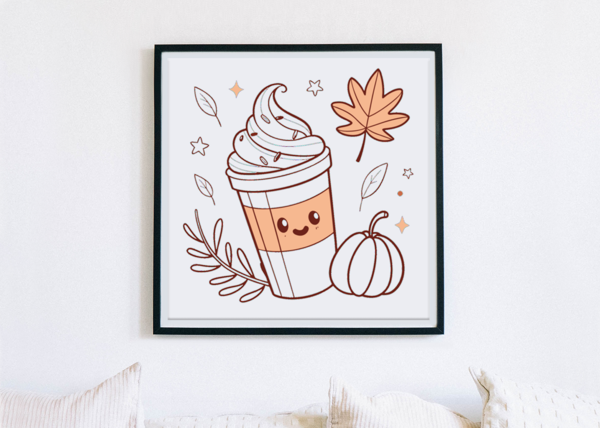 Cadre décoratif avec motif automnal et boisson latté au sourire doux