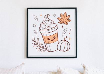 Cadre décoratif avec motif automnal et boisson latté au sourire doux