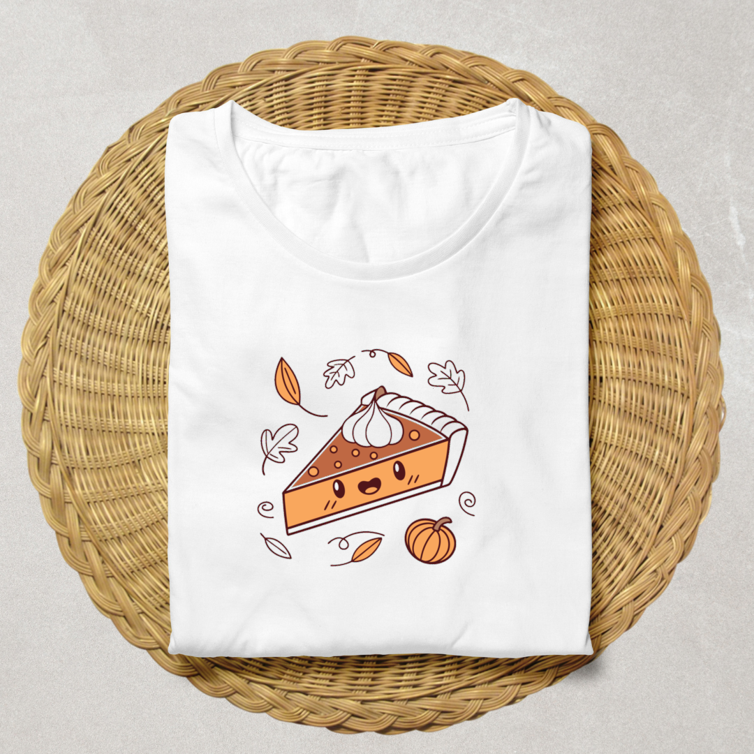 T-shirt cosy avec tarte souriante style kawaii parfait pour l'automne chaleureux
