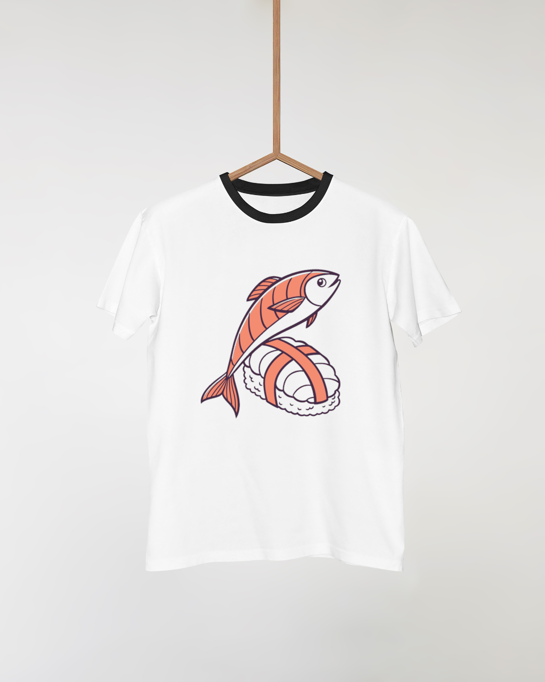 T-shirt décoré d'un saumon bondissant sur sushi, pour les passionnés de cuisine créative