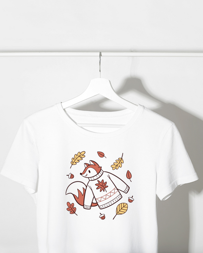 T-shirt automnal avec renard adorable en pull cosy dans un style doodle accueillant