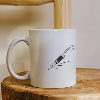 Mockup d'un mug avec stylo plume minimaliste et encre étalée créative