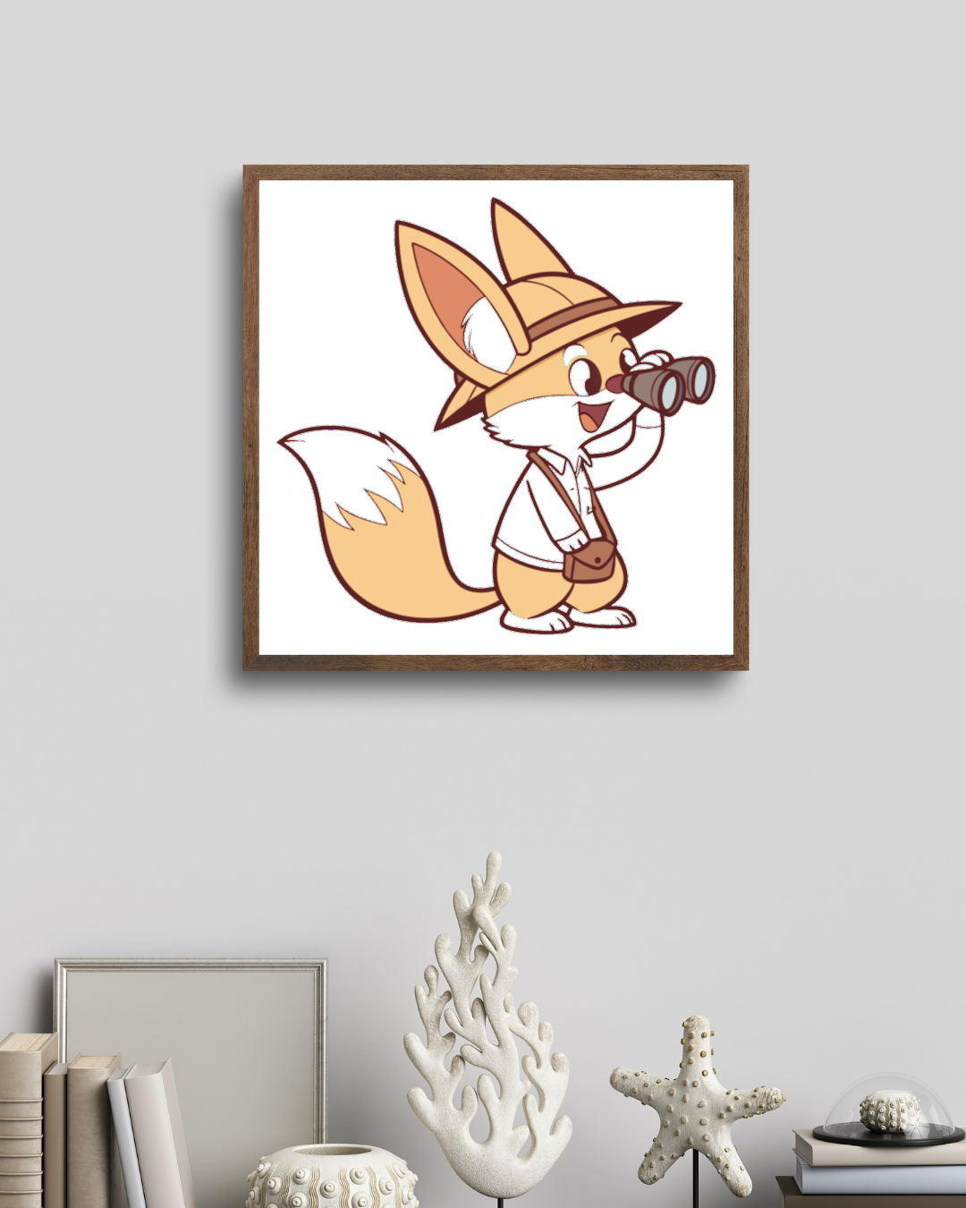 Cadre amusant représentant un fennec curieux en safari style cartoon aventures