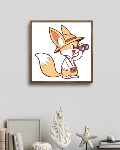 Cadre amusant représentant un fennec curieux en safari style cartoon aventures