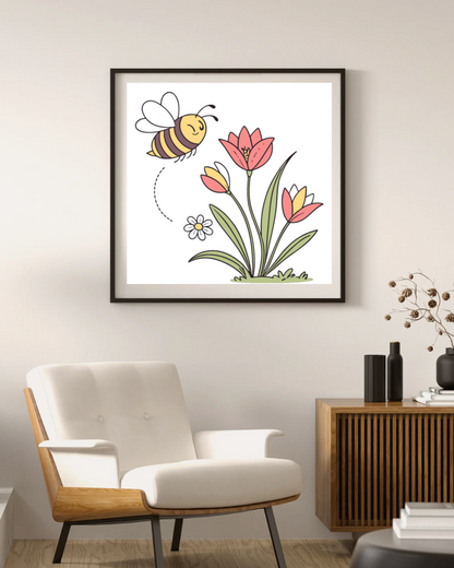 Cadre affichant une abeille joyeuse parmi les fleurs style kawaii printanier