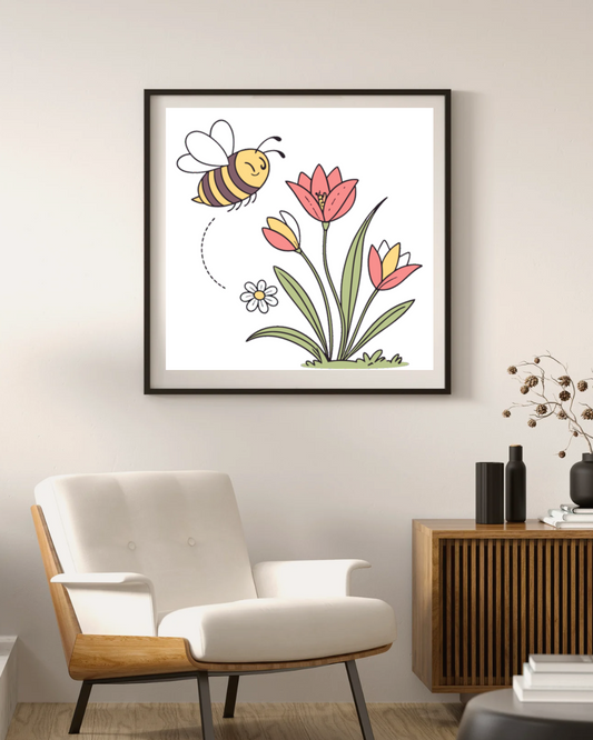 Cadre affichant une abeille joyeuse parmi les fleurs style kawaii printanier