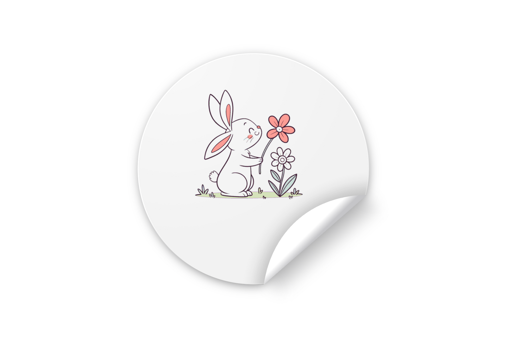 Sticker orné d'un lapin souriant tenant une fleur, motif doux et printanier