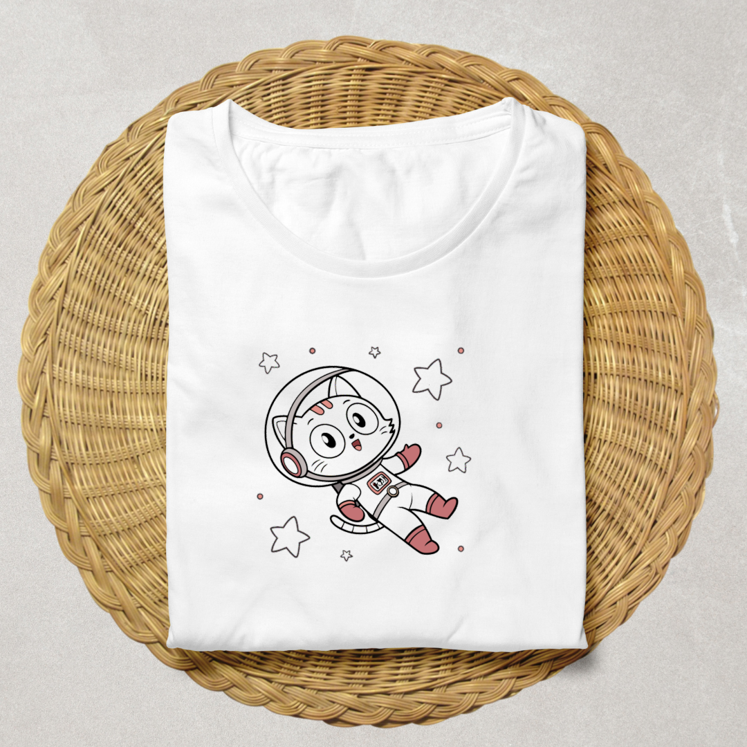T-shirt avec chat astronaute joyeux en style kawaii pour une aventure spatiale fun