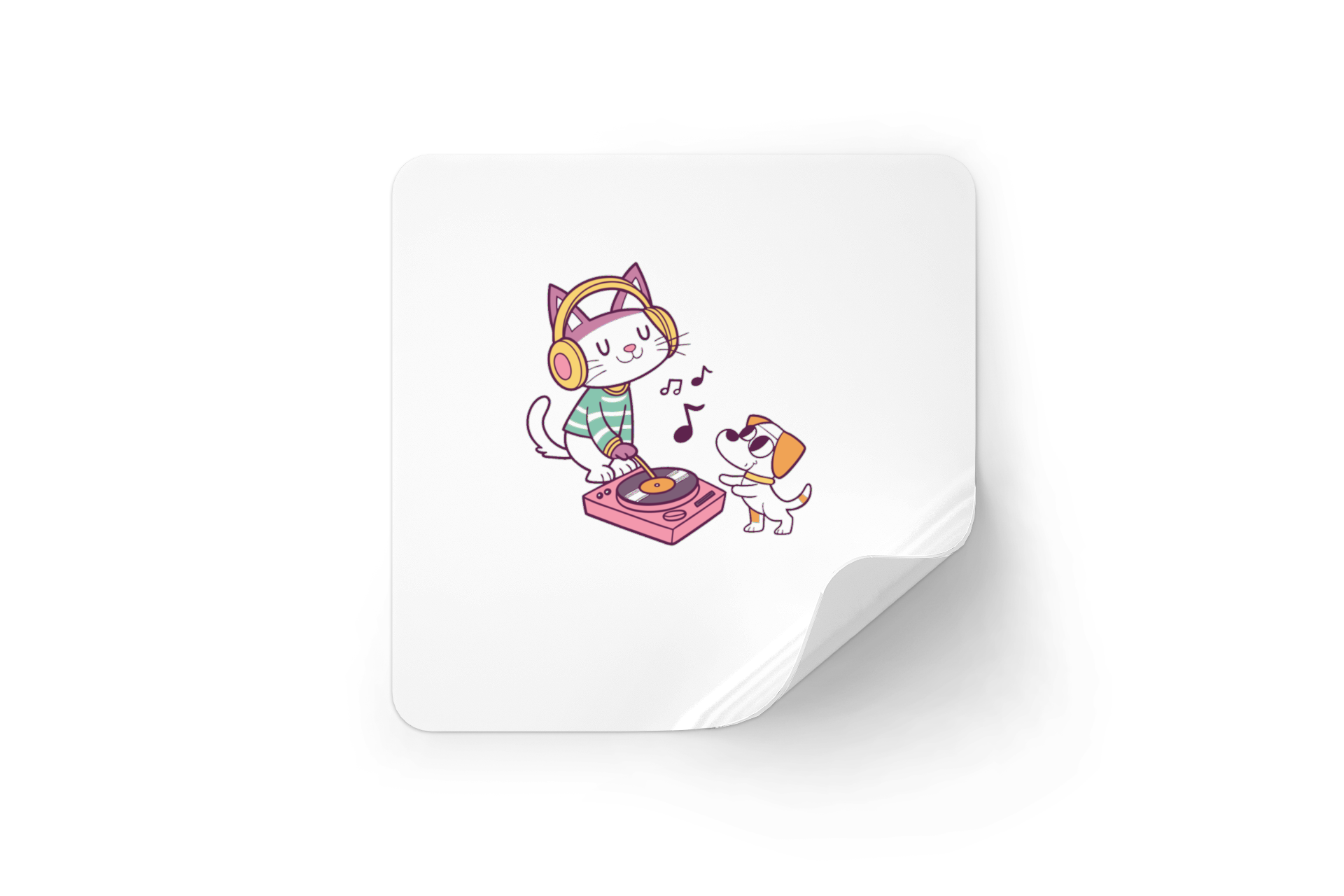 Sticker kawaii avec un chat DJ en pleine fête musicale ambiance fun et colorée