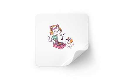 Sticker kawaii avec un chat DJ en pleine fête musicale ambiance fun et colorée