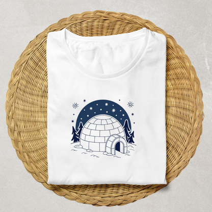 T-shirt avec décor hivernal d'un igloo enneigé sous un ciel étoilé magique