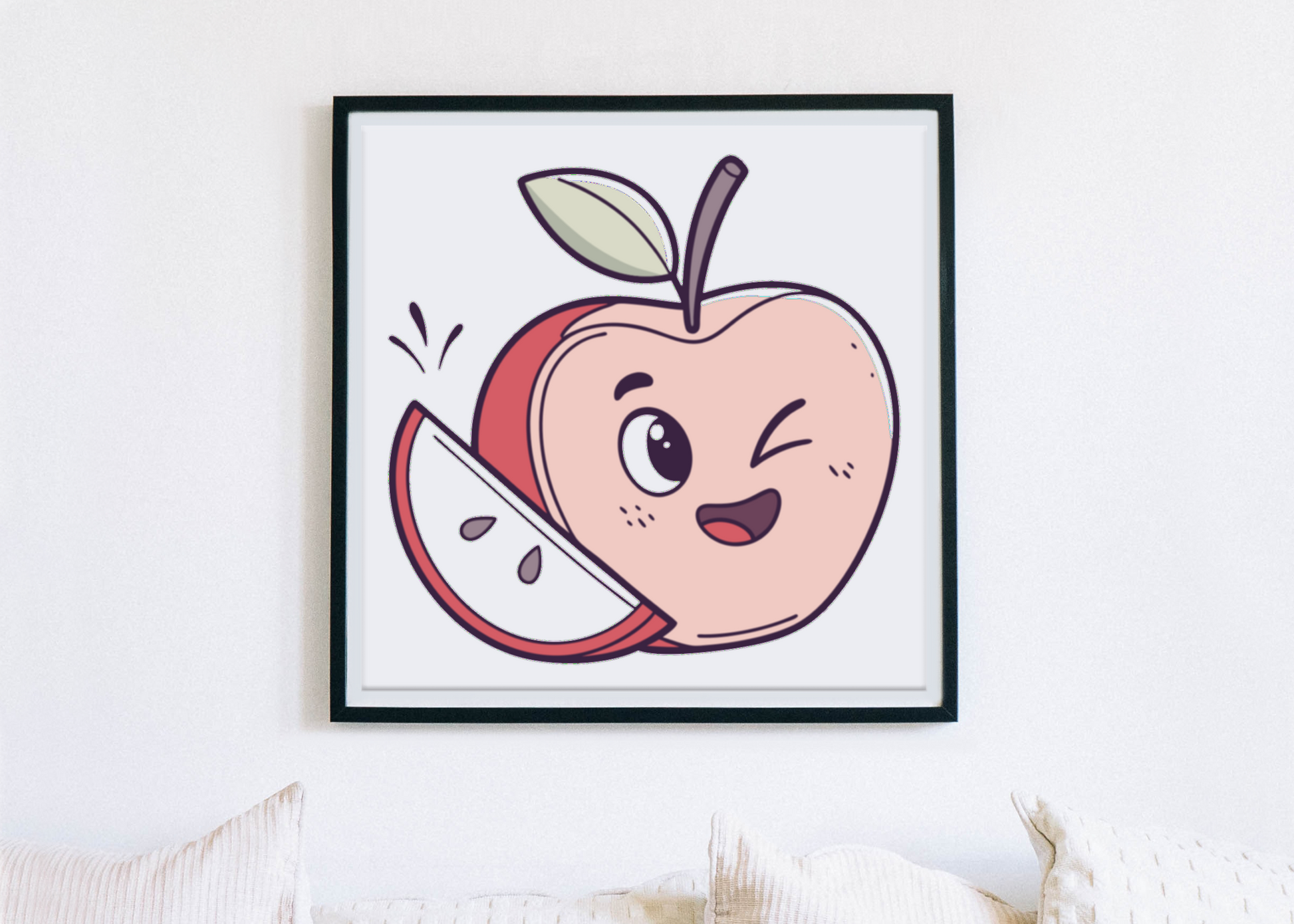 Cadre avec une pomme kawaii clignante aux couleurs vives pour décoration murale