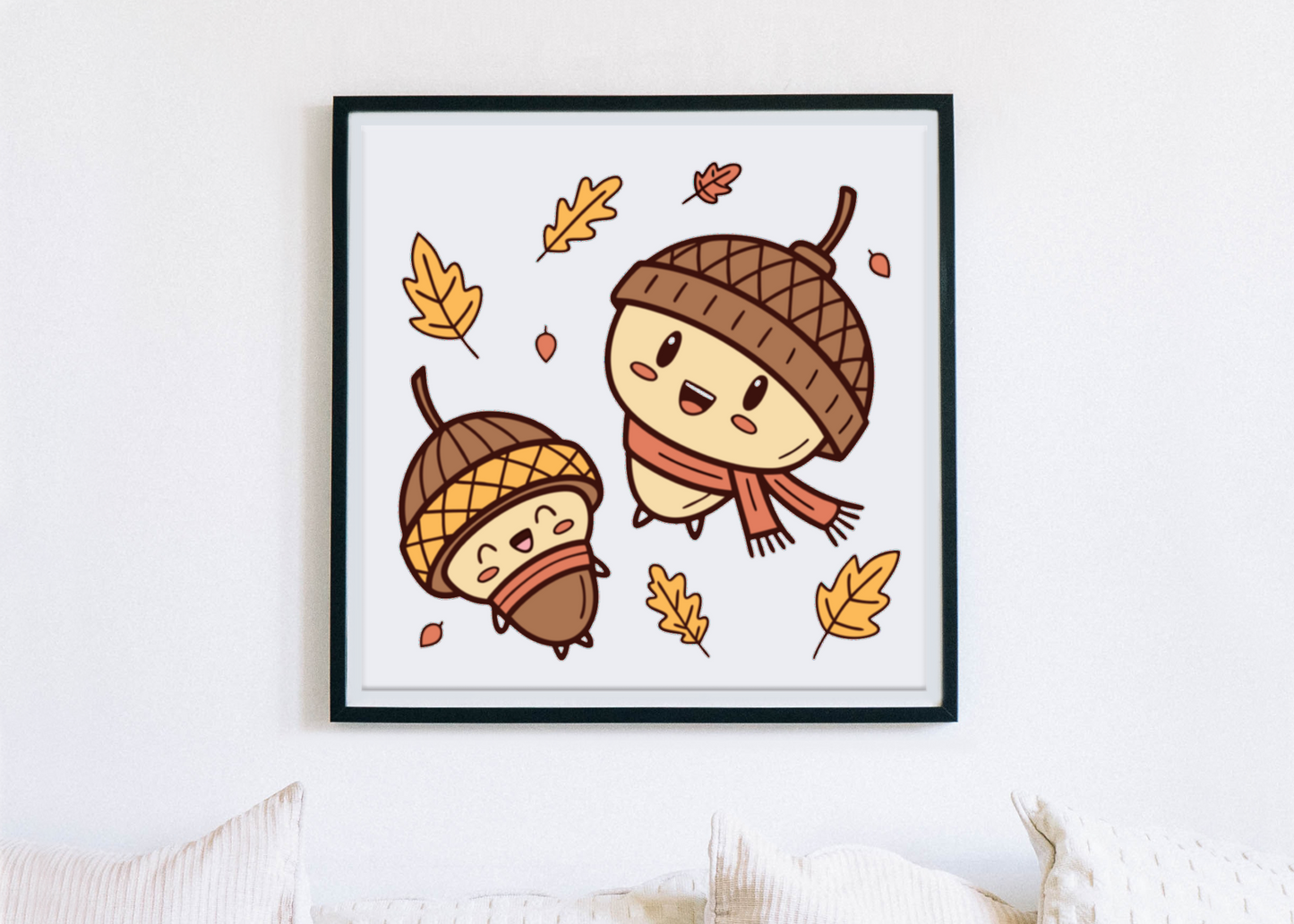 Cadre décoratif style kawaii avec glands dansants apportant une touche automnale