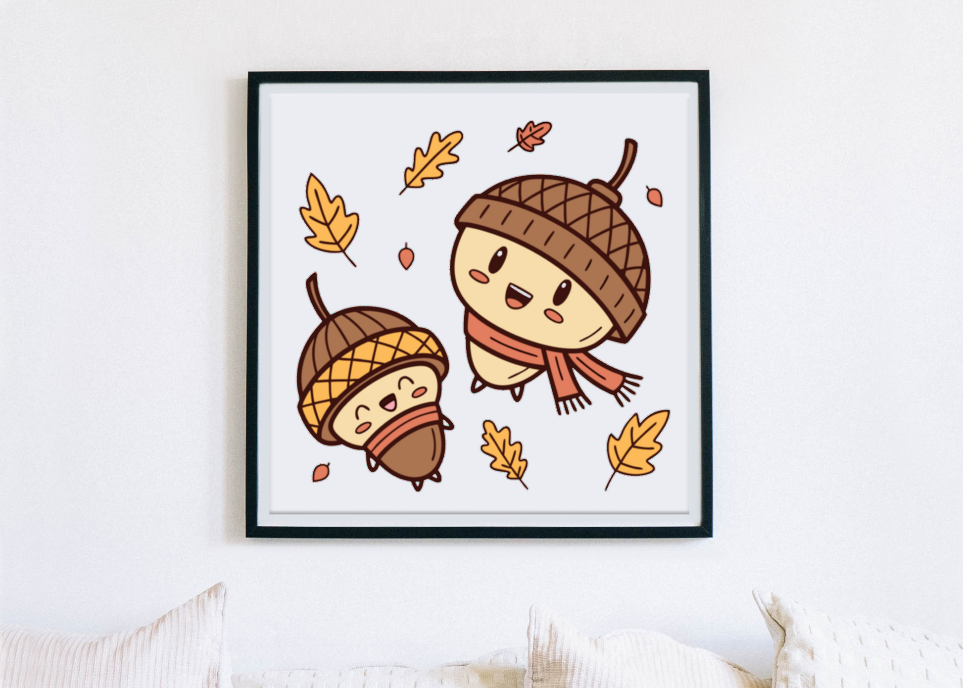 Cadre décoratif style kawaii avec glands dansants apportant une touche automnale