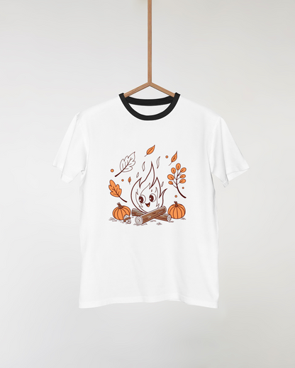 T-shirt cozy avec flamme festive d'automne, parfait pour une ambiance chaleureuse