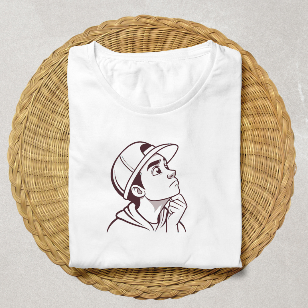 T-shirt introspectif avec garçon pensif en style vectoriel