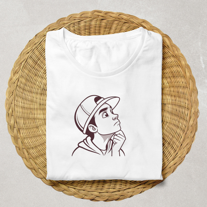 T-shirt introspectif avec garçon pensif en style vectoriel