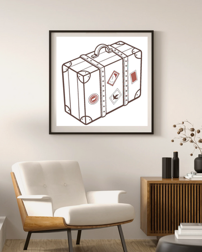 Cadre avec valise vintage en style doodle évoquant l'aventure et le voyage