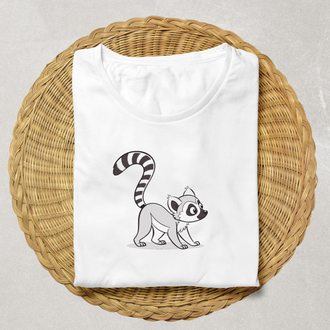 T-shirt design audacieux avec un lémurien monochrome dans un style aventureux