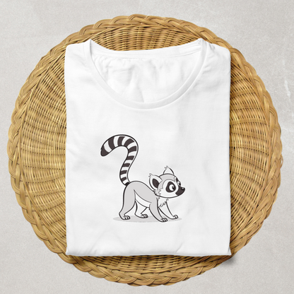 T-shirt design audacieux avec un lémurien monochrome dans un style aventureux