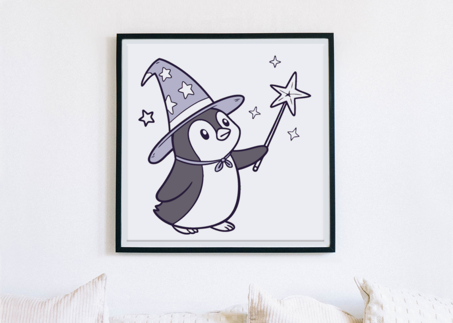 Cadre avec pingouin kawaii en magicien enchanté sur fond de fête magique