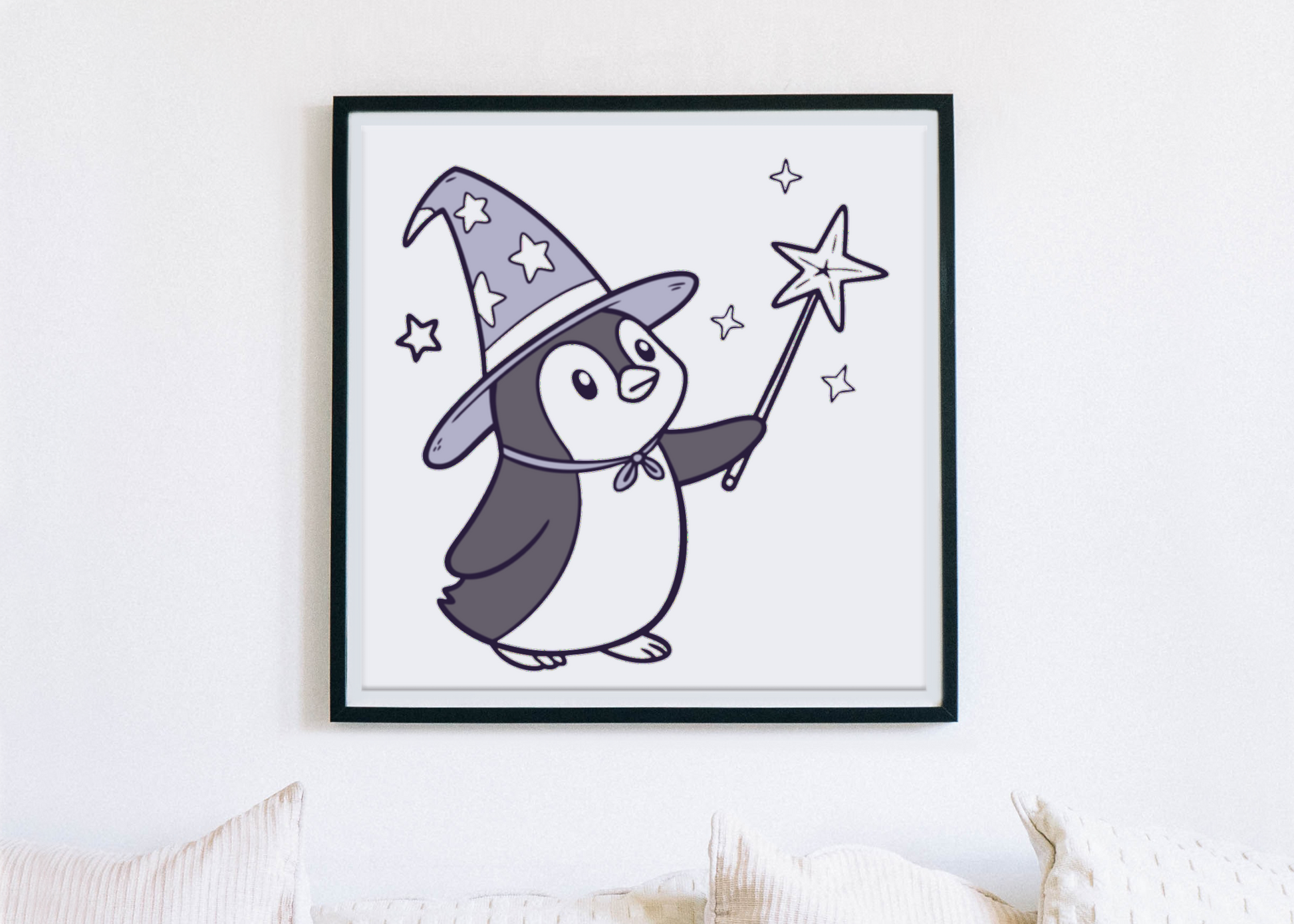 Cadre avec pingouin kawaii en magicien enchanté sur fond de fête magique