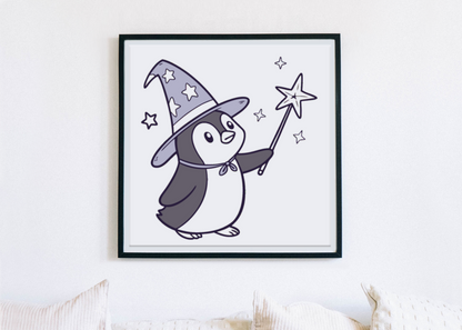 Cadre avec pingouin kawaii en magicien enchanté sur fond de fête magique