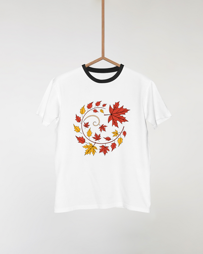 T-shirt automnal avec feuilles colorées tourbillonnantes au style graphique vivant