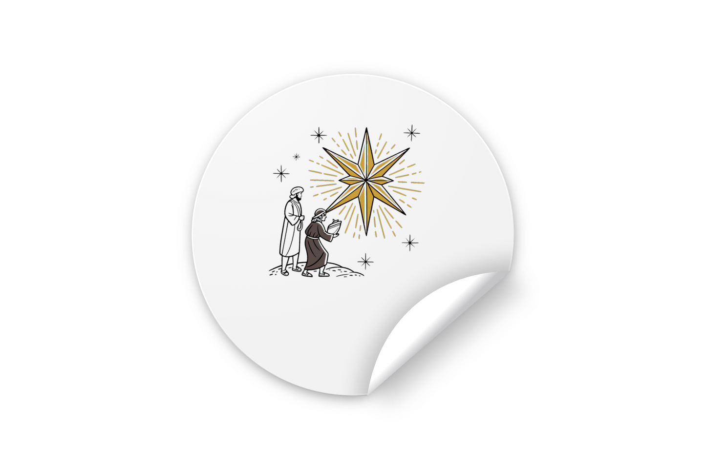 Sticker festif montrant des mages suivant une étoile dans un style dessiné, pour Noël