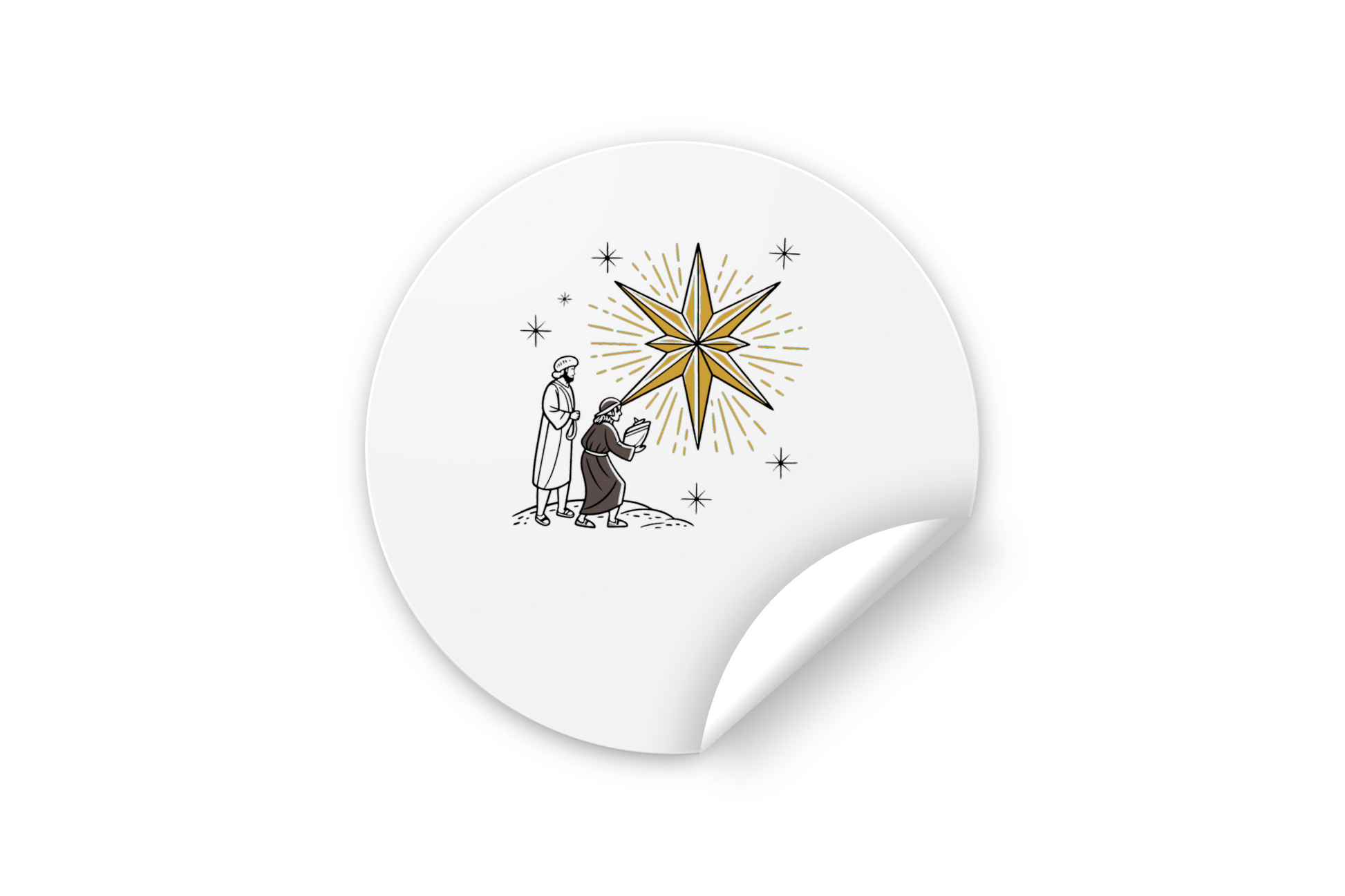 Sticker festif montrant des mages suivant une étoile dans un style dessiné, pour Noël