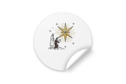 Sticker festif montrant des mages suivant une étoile dans un style dessiné, pour Noël