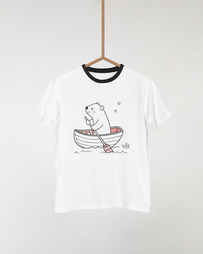 T-shirt orné d’un ours joyeux naviguant dans un style vintage et aventure nautique