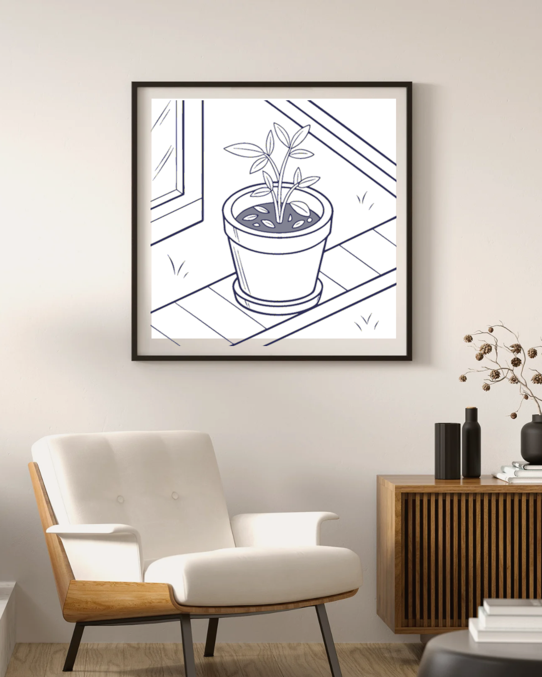Cadre décoratif avec icône de plante en pot sur terrasse pour une ambiance nature