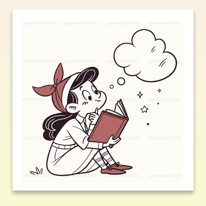 Illustration vectorielle d'une fille rêveuse lisant un livre, idéale pour projets éducatifs et créatifs.