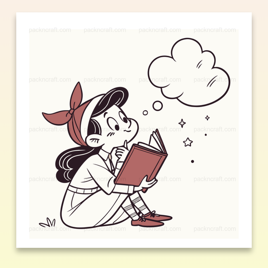 Illustration vectorielle d'une fille rêveuse lisant un livre, idéale pour projets éducatifs et créatifs.