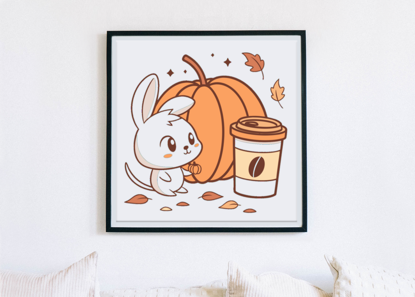 Cadre automne avec motif mignon lapin curieux et citrouille kawaii