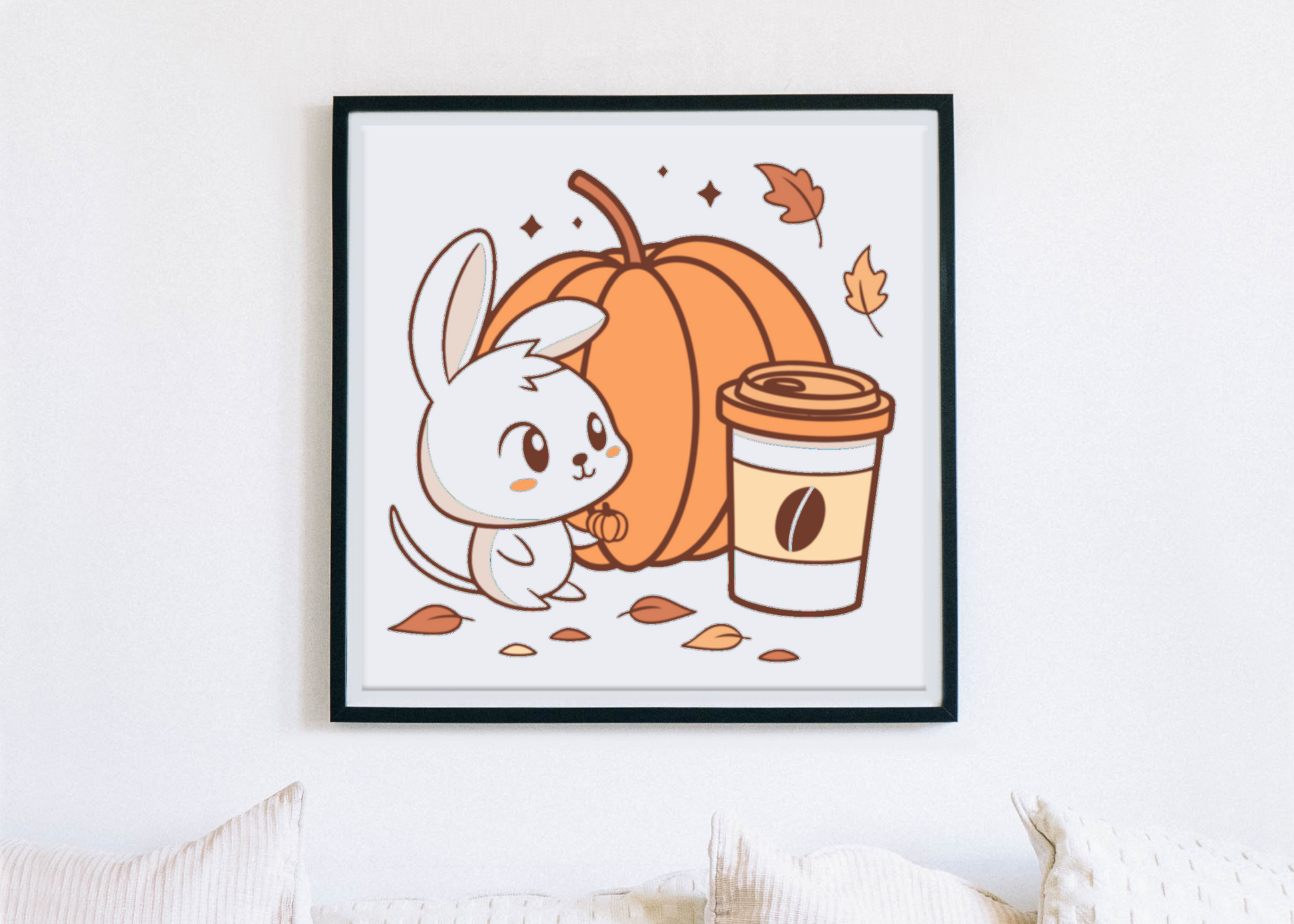 Cadre automne avec motif mignon lapin curieux et citrouille kawaii