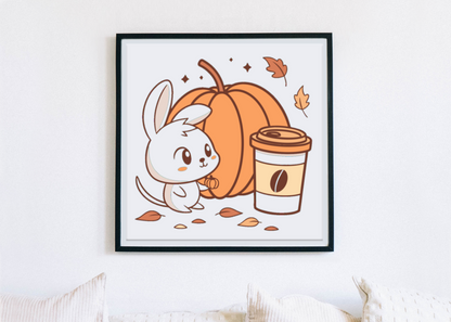 Cadre automne avec motif mignon lapin curieux et citrouille kawaii