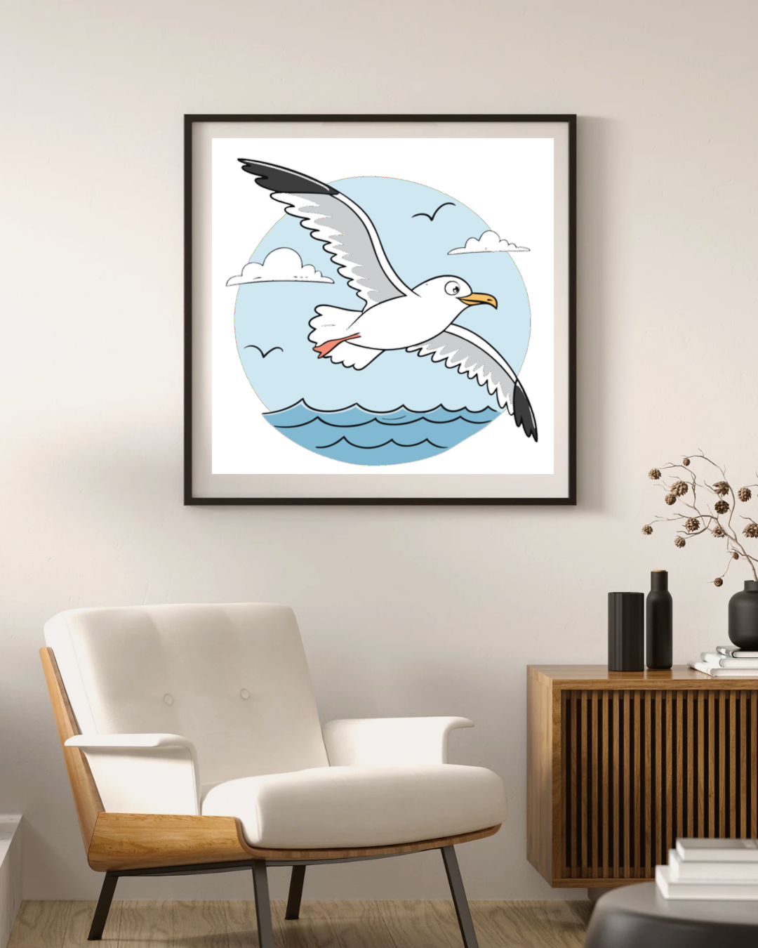 Cadre décoratif en style maritime avec une silhouette de mouette en vol