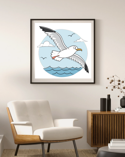 Cadre décoratif en style maritime avec une silhouette de mouette en vol