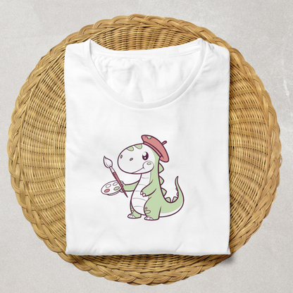 T-shirt drôle avec dinosaure joyeux en train de peindre dans un style ludique