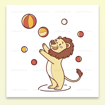 Illustration lion joyeux en train de jongler, idéale pour projets créatifs et éducatifs.