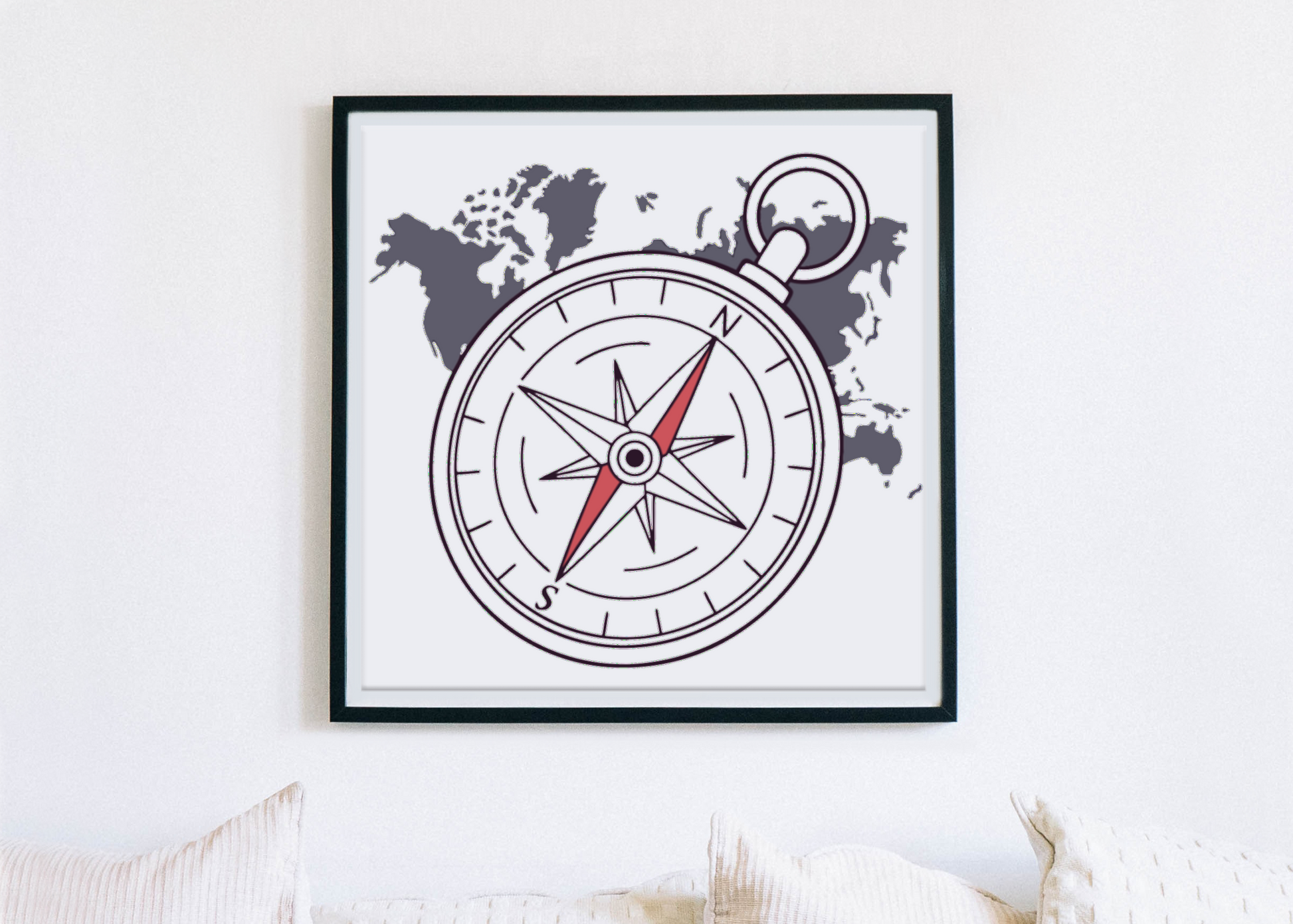 Cadre avec boussole vintage, style explorateur pour décoration murale élégante