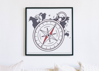 Cadre avec boussole vintage, style explorateur pour décoration murale élégante