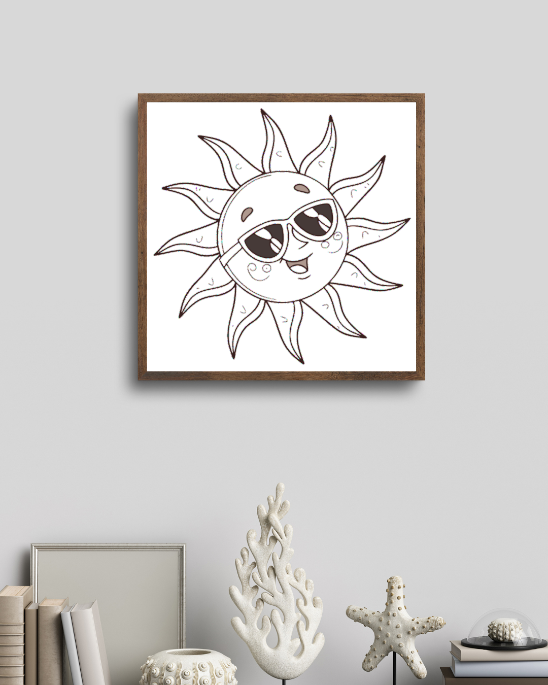 Cadre décoratif avec soleil souriant en lunettes style cartoon fun parfait pour l'été