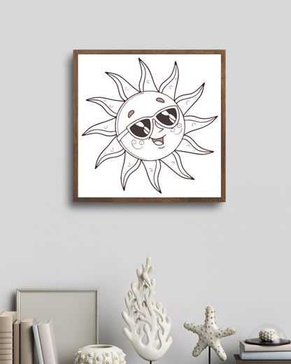 Cadre décoratif avec soleil souriant en lunettes style cartoon fun parfait pour l'été